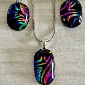 Multicolored dichroic fused glass pendant and earring set
